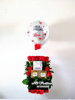 Cubo con Rosas y Chocolates